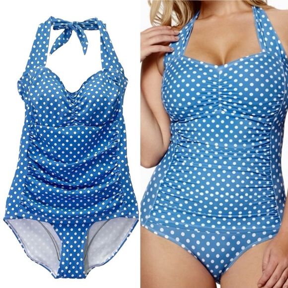 Ruby Ribbon Size 12 Blue White Polka Dot One Piece Swimsuit Halter Ruched Retro - Picture 1 of 13